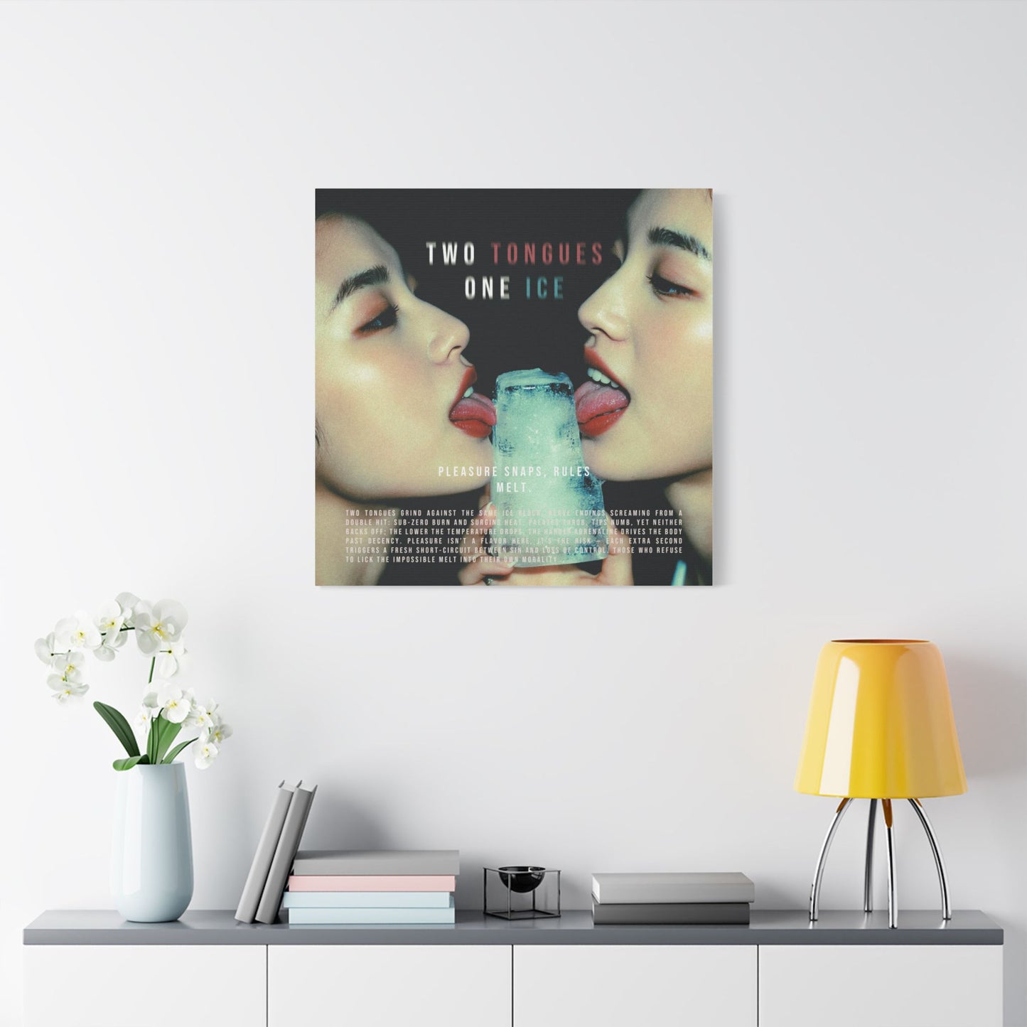 Two Tongues, One Ice — Pleasure Snaps, Rules Melt - Satin Canvas Art Print, Modern Home Decor, Two Tongues One Ice Wall Art, Unique Gift for Art Lovers, Stylish Living Room Artwork
