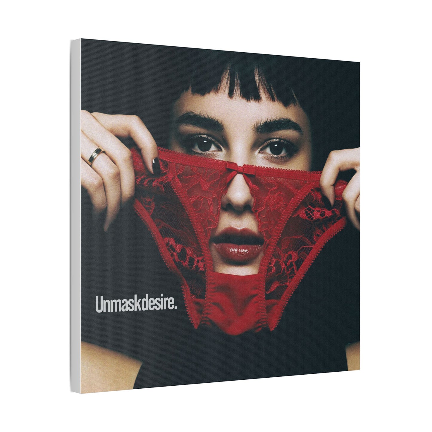Satin Canvas Wall Art, Unmask Desire, Bold Red Lace Print, Bedroom Decor, Gift for Her, Daring Home Accent