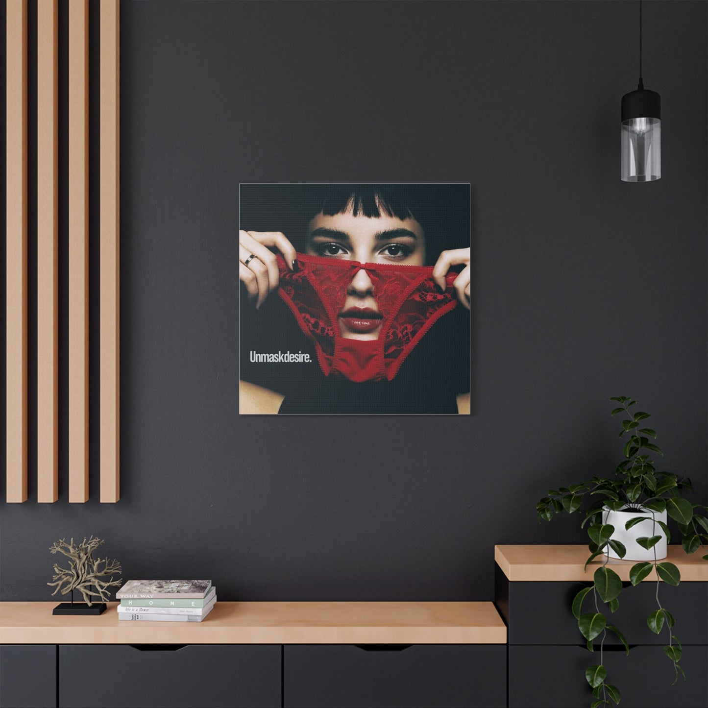 Satin Canvas Wall Art, Unmask Desire, Bold Red Lace Print, Bedroom Decor, Gift for Her, Daring Home Accent
