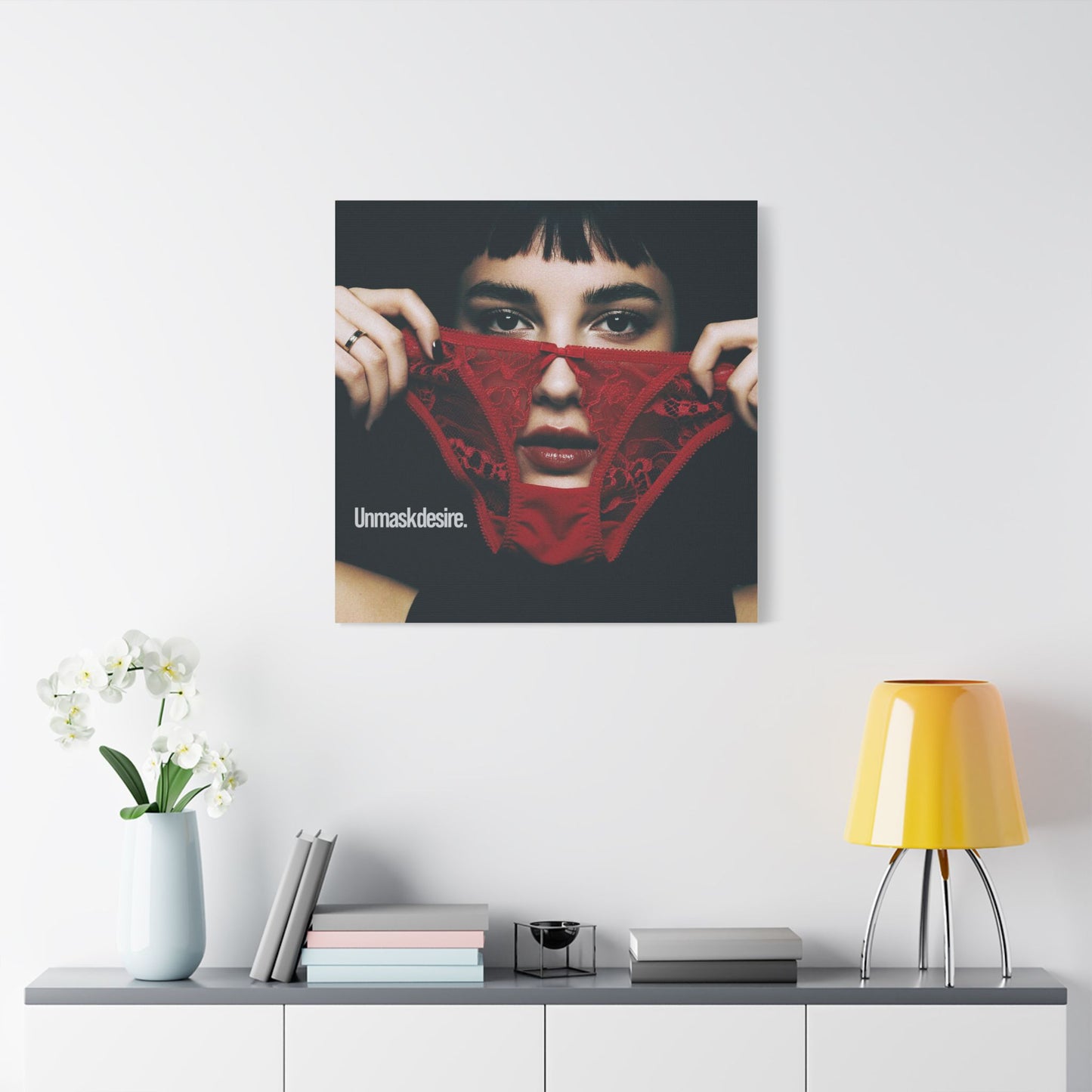 Satin Canvas Wall Art, Unmask Desire, Bold Red Lace Print, Bedroom Decor, Gift for Her, Daring Home Accent