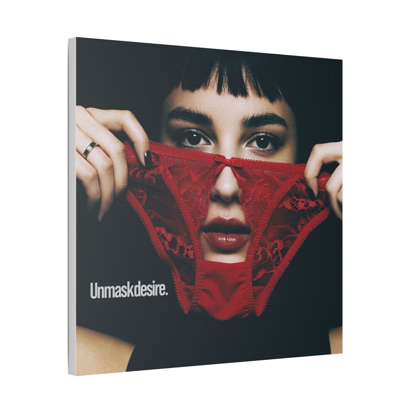 Satin Canvas Wall Art, Unmask Desire, Bold Red Lace Print, Bedroom Decor, Gift for Her, Daring Home Accent