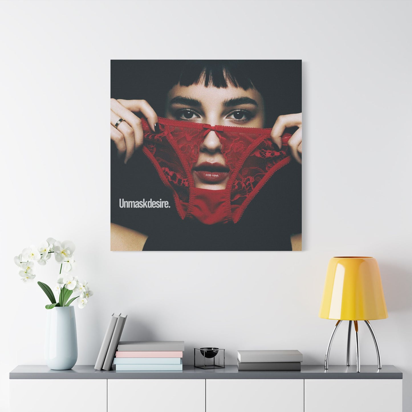 Satin Canvas Wall Art, Unmask Desire, Bold Red Lace Print, Bedroom Decor, Gift for Her, Daring Home Accent