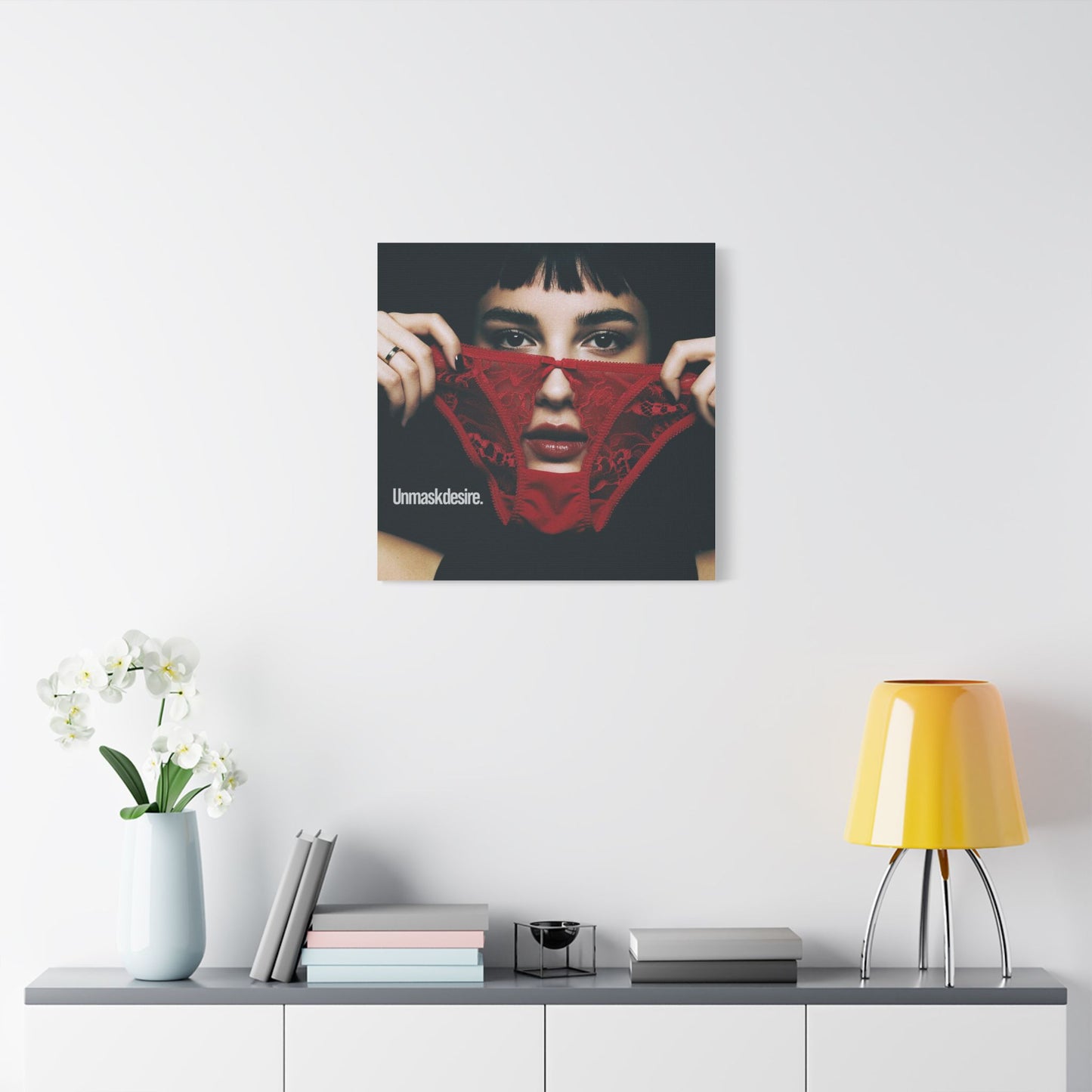 Satin Canvas Wall Art, Unmask Desire, Bold Red Lace Print, Bedroom Decor, Gift for Her, Daring Home Accent