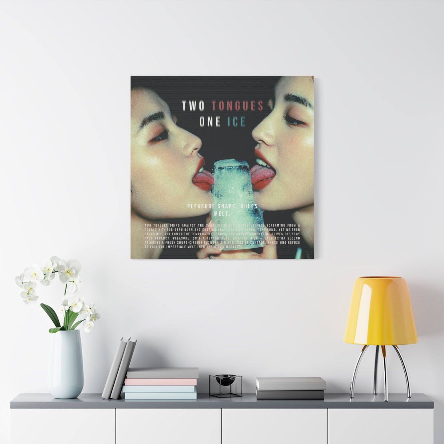 Two Tongues, One Ice — Pleasure Snaps, Rules Melt - Satin Canvas Art Print, Modern Home Decor, Two Tongues One Ice Wall Art, Unique Gift for Art Lovers, Stylish Living Room Artwork