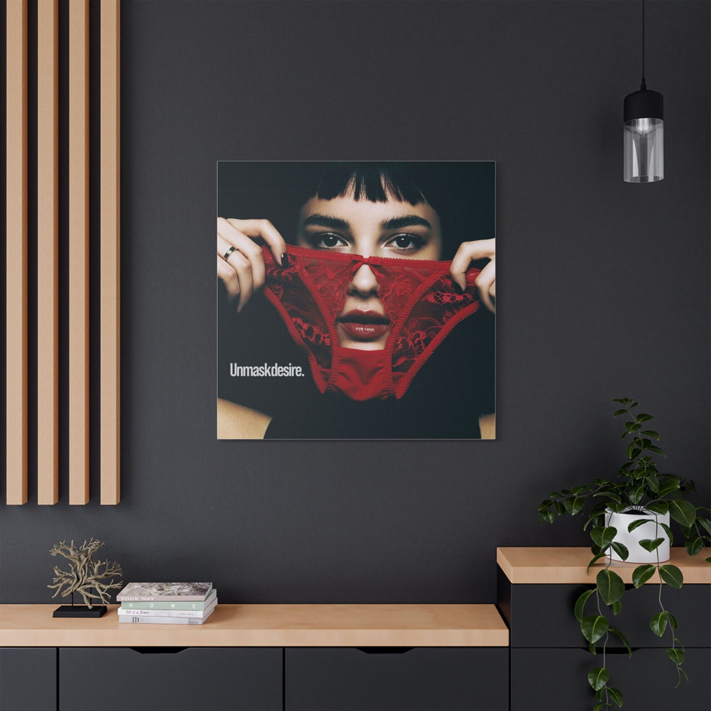 Satin Canvas Wall Art, Unmask Desire, Bold Red Lace Print, Bedroom Decor, Gift for Her, Daring Home Accent