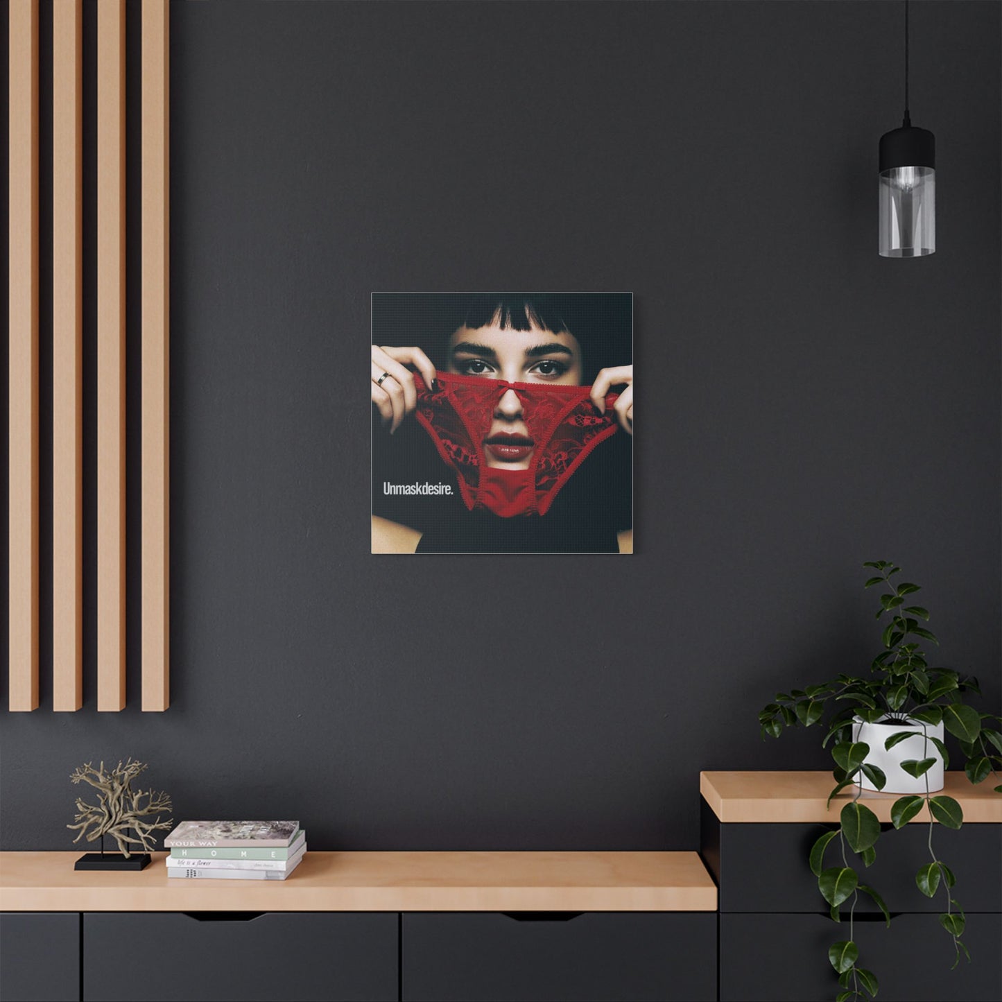 Satin Canvas Wall Art, Unmask Desire, Bold Red Lace Print, Bedroom Decor, Gift for Her, Daring Home Accent