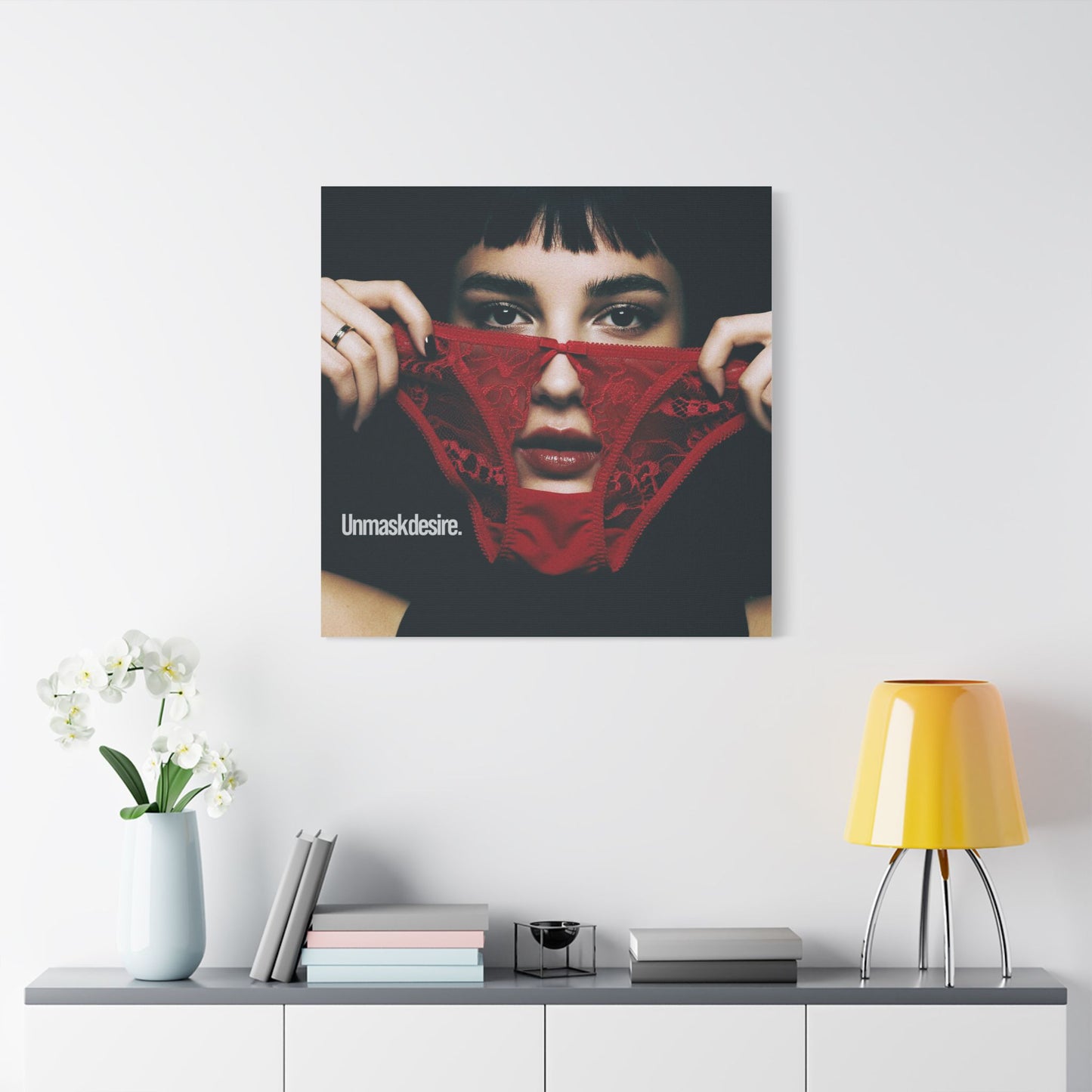 Satin Canvas Wall Art, Unmask Desire, Bold Red Lace Print, Bedroom Decor, Gift for Her, Daring Home Accent